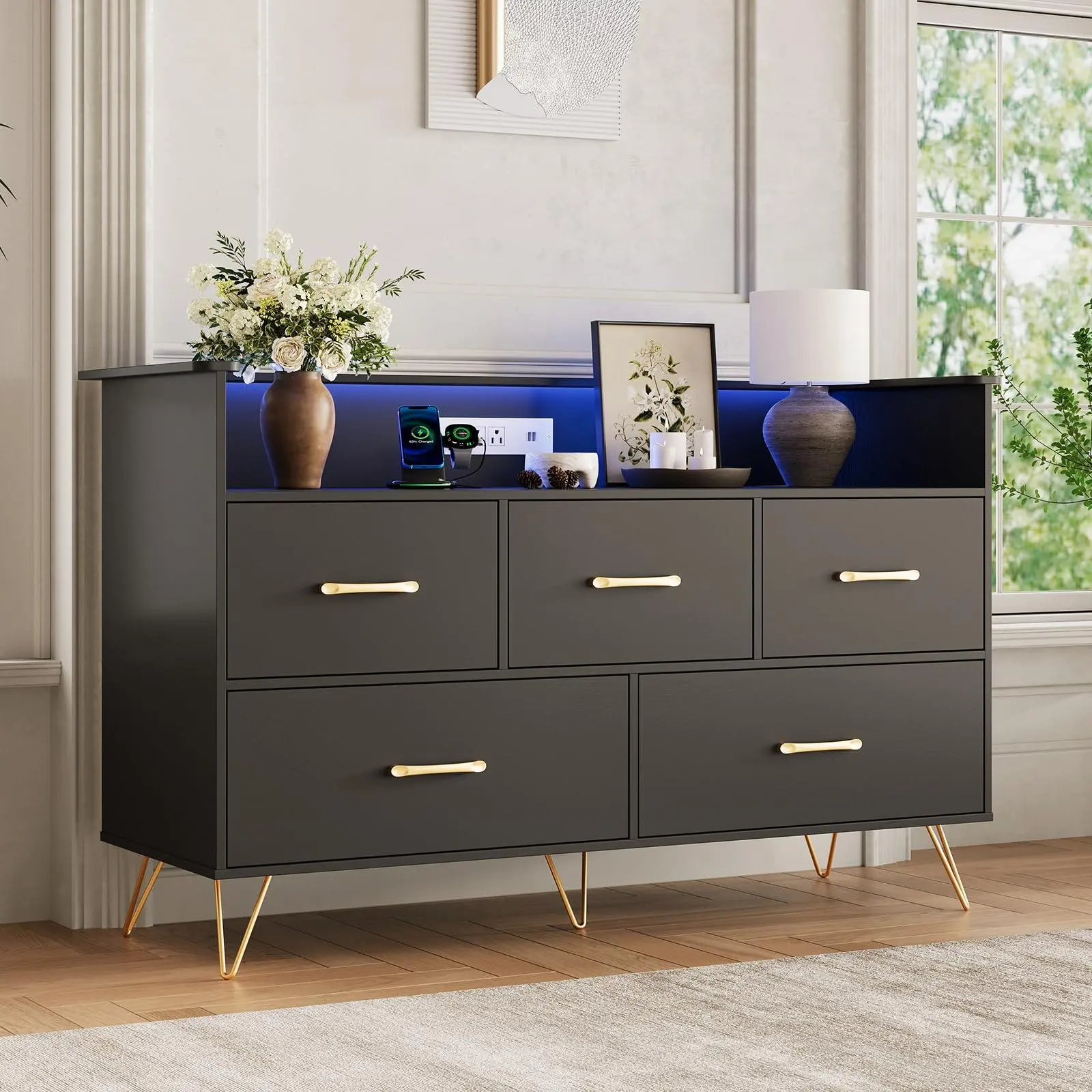 47 Inch Wide Modern Wooden Dresser with LED Lights and Charging Station, Black Chest of Drawers for Closet Hallway Entryway and Nursery
