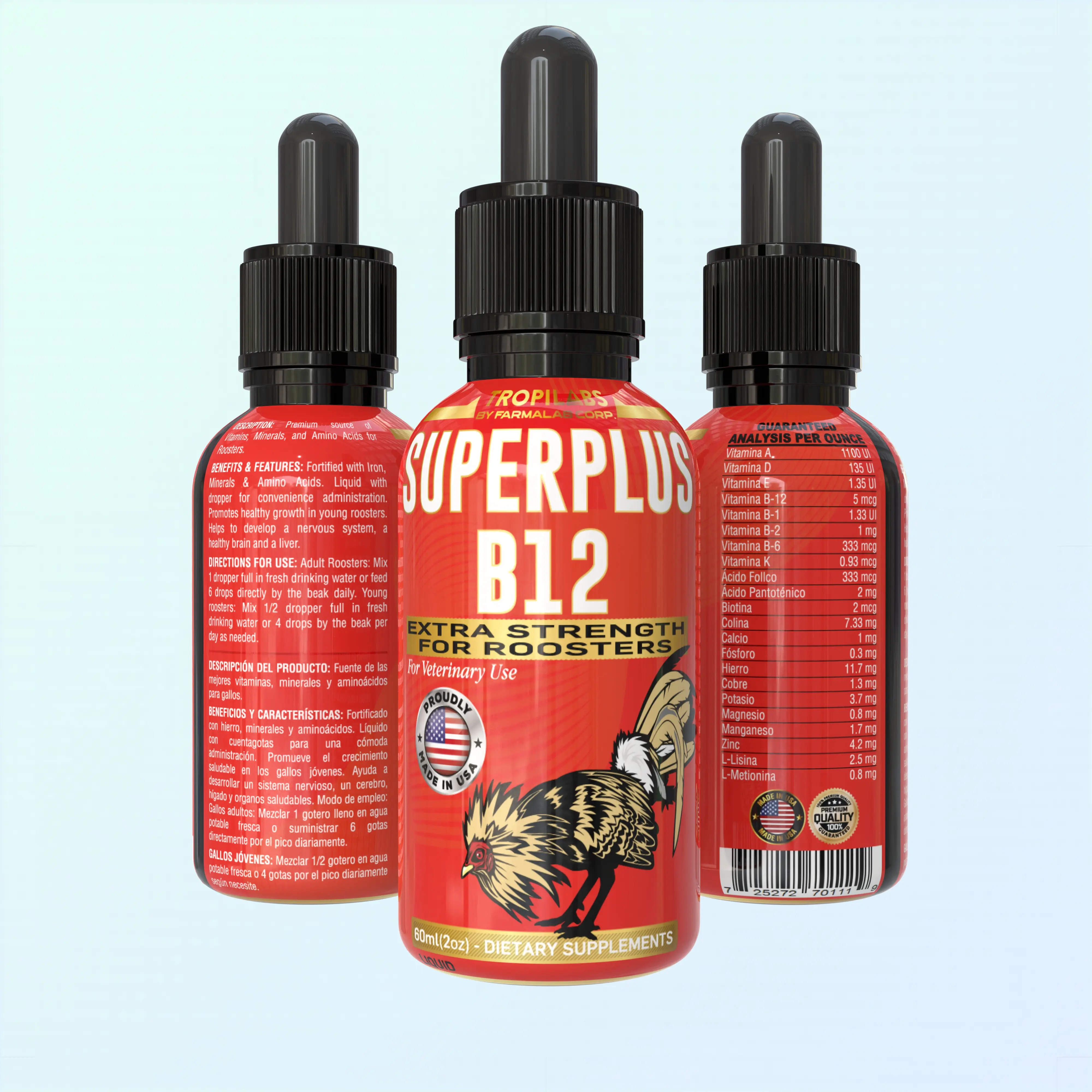 FARMALAB Superplus B-12 Extra Strength Rooster Supplement - Premium Liquid Vitamins, Mineral Supplement & Amino Acids with Dropper for Healthy Growth, Supplements