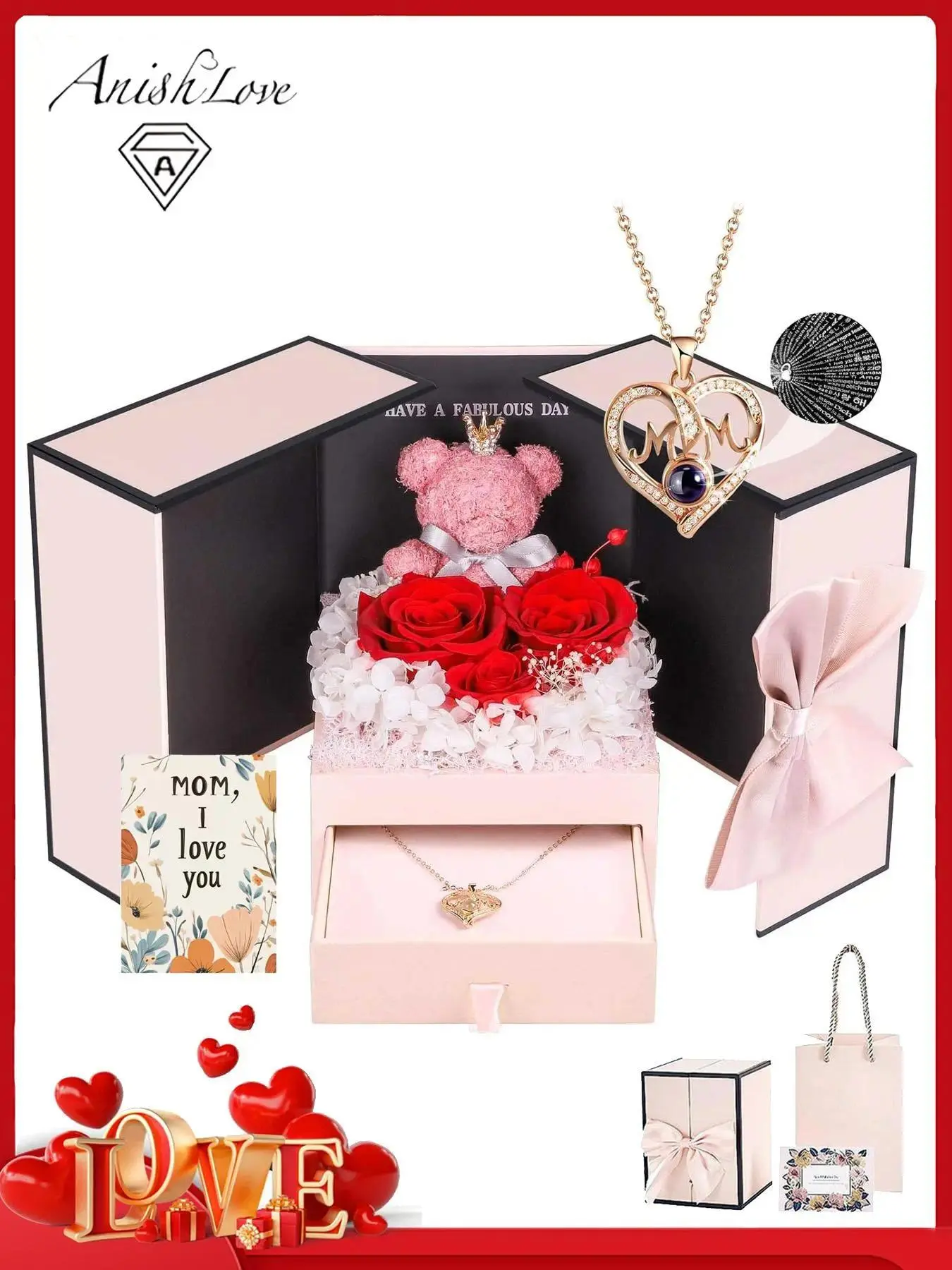 Mother's Day gift necklace set, a heart-shaped projection necklace with a card and a rose bear box. The "I Love You" necklace in 100 languages for mom. A Mother's Day gift and anniversary gift for mom's stepmother, mother-in-law, Gift Jewelry