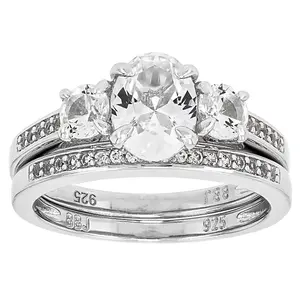 JTV White Lab Created Sapphire Rhodium Over Sterling Silver Ring Set Of 2 1.45ctw