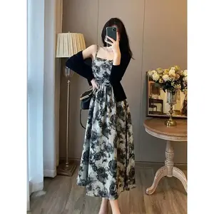 Floral Print Cami Dress Set – Dress suits featuring a solid long-sleeve open-front cardigan paired with a sleeveless square-neck A-line spaghetti-strap dress for women