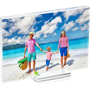 5x7 Magentic Acrylic Picture Frame Clear Double Sided Frame with Base Frameless Floating Lucite Photo Frame Stands on Desk Table Horizontally or Vertically