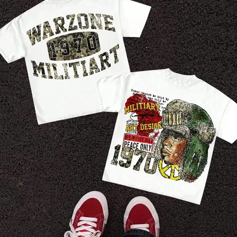 Vintage Military Style Casual Oversize Short Sleeve T-Shirt, Graphic Printed Tee with Peace Slogan, Comfortable Loose Fit for Streetwear