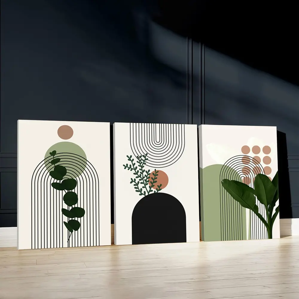 3pcs Modern Design Wall Art, Geometric Pattern Design, Abstract Botanical Print, Neutral Colors Art Prints, Framed Home Decor, Natural Vibes Home Decor, Modern Wall Paintings, Housewarming Gift, Art Work For Wall Decor, With Frame