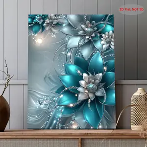 2D Flat, 1pc, 2D Flat Canvas Painting, Elegant Teal and Silvery Flowers with LED Lights and Beads, Holiday Gift, Beautiful Family Gift, Suitable for Bedroom, Living Room, Bathroom and Kitchen Wall Decoration 11.8x15.7 Inch, 2D Flat