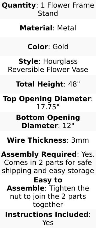 48" Tall Gold Metal Wire Hourglass Flower Frame Stand, Open Frame Reversible Trumpet Centerpiece Stand
