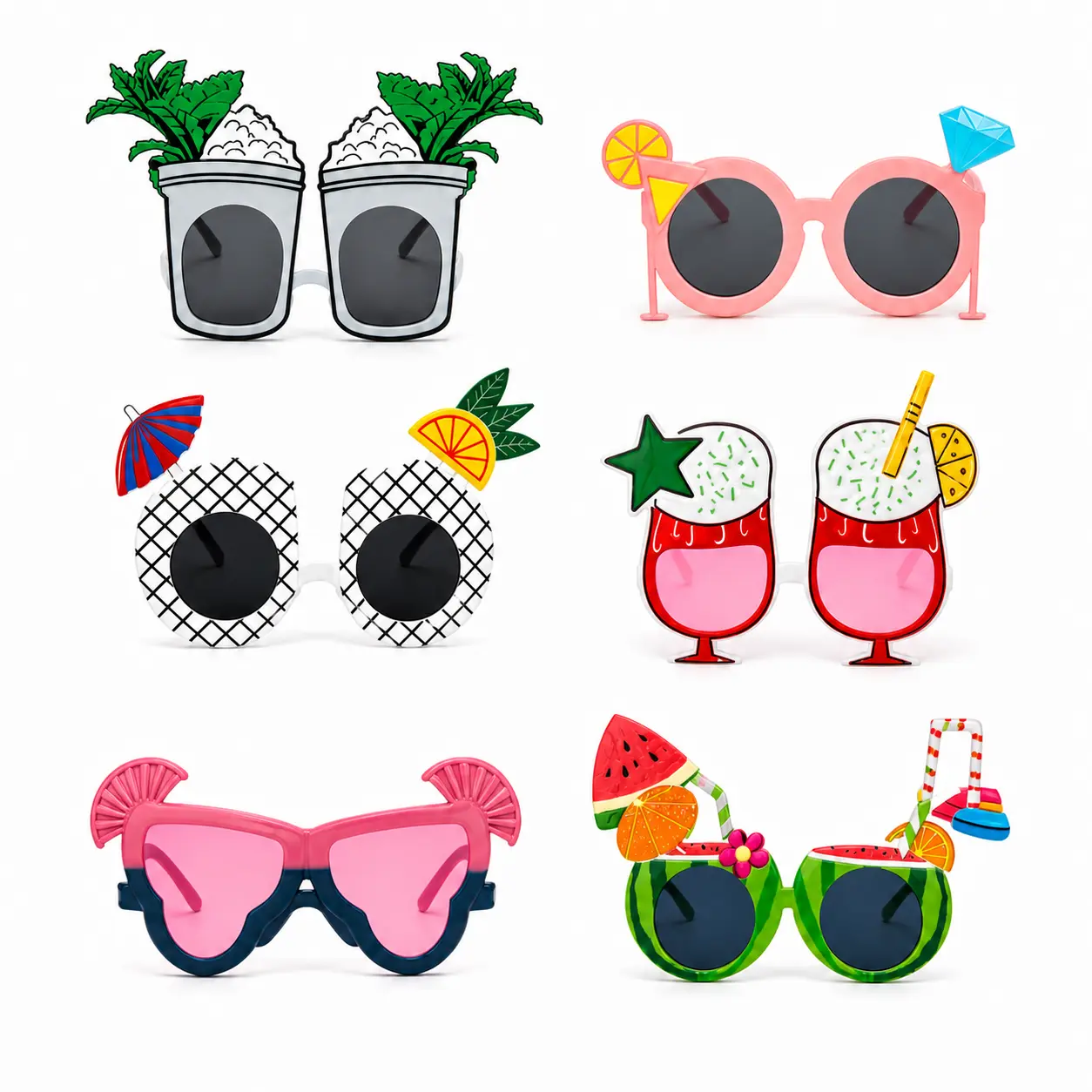Unisex Fashion Eclectic Cocktail Design Tropical Party Sunglasses (6-Pack, Colorful Assorted) - Lightweight Party Accessory, 1 Size Gift for Adult Hawaiian Luau Beach Events, Table Favors, Photo Booth Props, Festival Party Supplies