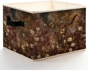 Boho Floral Bull Skull Bins Box with Handles, Rustic Vintage Southwestern Cow Head Foldable Basket for Bedroom Home Clothes Toys Books