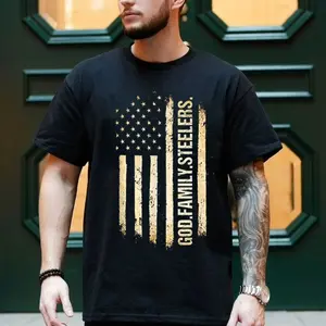 100% Cotton God Family Steelers Pro US American Flag Father's Day T-Shirt