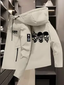 Men's Fashion Hooded Windbreaker Jacket, Skull Print, Lightweight Waterproof Zip Design, Casual Outdoor Simple Pullover Coat