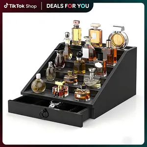 4T-Black (Step-Type) Solid Wood Cologne Organizer, 4/5-Tier Stand Shelf with Velvet-Lined Drawer, Hidden Storage & Flip-Top, Perfume Display Holder, Men's Gifts, Home Organizer, Men's Room Accessories