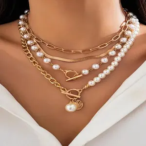 Layered Cuban Link Chain Necklace Set Decorated with Faux Pearls, Gifts for Wife, 4 Pieces of Fashion Jewelry for Parties, Everyday Outfit Accessories, Trendy, Versatile, and Exquisite Jewelry for a Birthday Gift