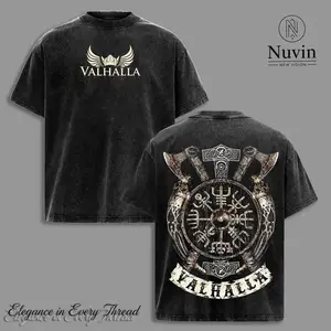 Valhalla Viking Warrior Vintage T-Shirt, Norse Mythology Odin’s Hall Graphic Tee, Nordic Rune Battle Streetwear Unisex Heavy Cotton Top, Retro Washed Gift for Viking Fans