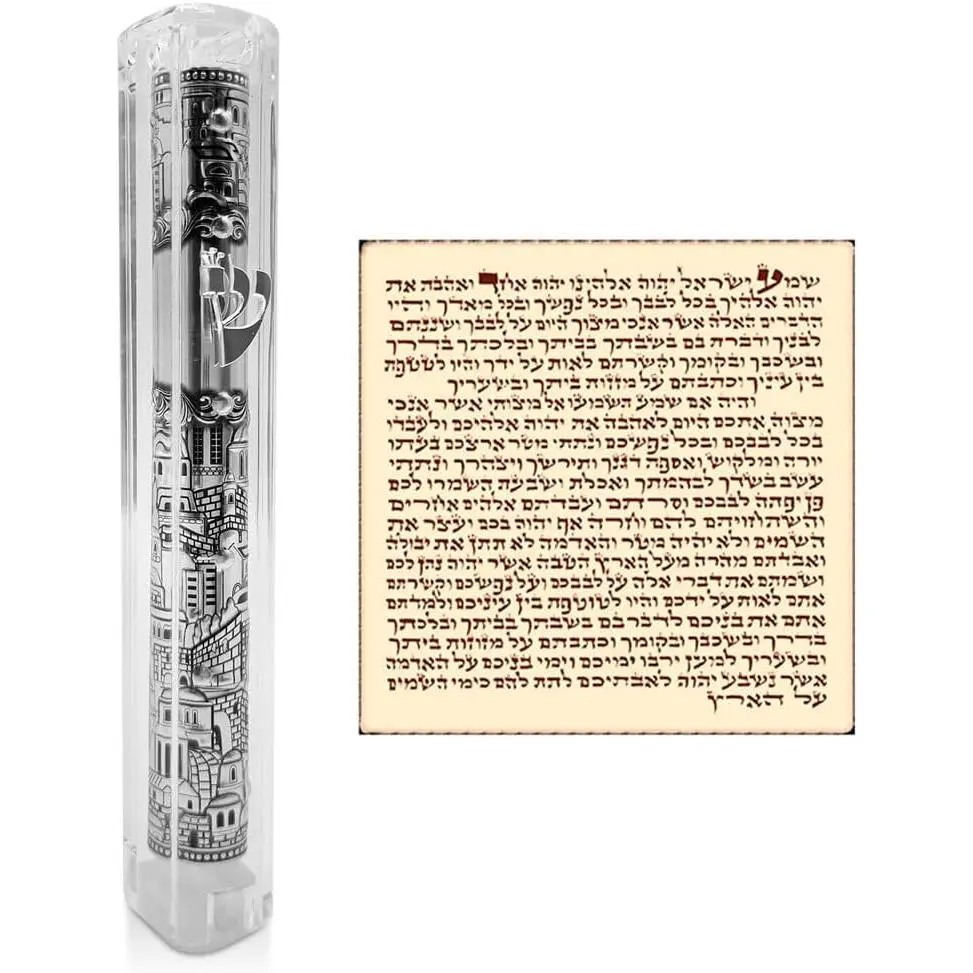 Jerusalem Clear Mezuzah Case with Scroll Silver Ornament Hebrew Shin Classic Israel Judaica Waterproof Door Mezuza 5 Inch
