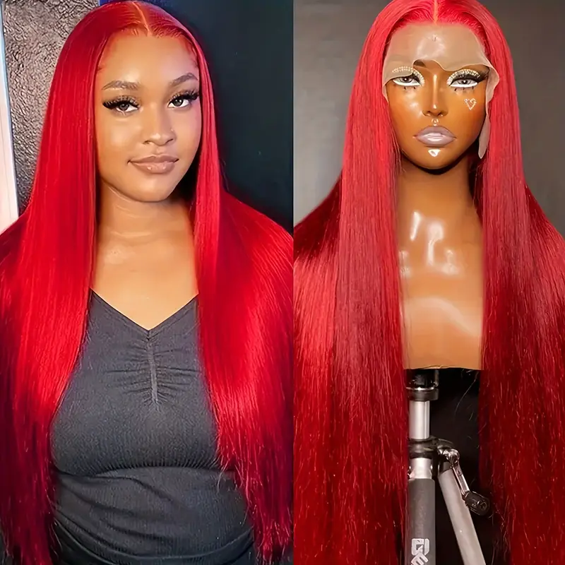 34Inch 250 Density Red Straight 13x4 HD Lace Front Wigs Human Hair Pre Plucked With Baby Hair 12A Brazilian Remy Long Straight 13x4 Invisible Lace Frontal Human Hair Wigs For Women Red Color