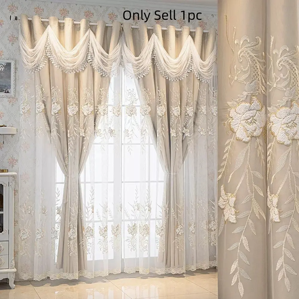 1pc Double Layer Embroidered Blackout Curtain, Window Curtains, Window Drapes, Living Room Bedroom Kitchen Window Treatment, European Romantic Floral Design, Home Decor