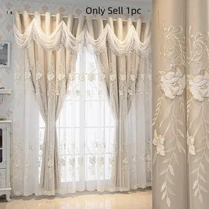 1pc Double Layer Embroidered Blackout Curtain, Living Room Bedroom Kitchen Window Treatment, European Romantic Floral Design, Home Decor