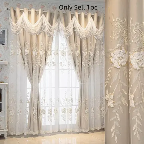 1pc Double Layer Embroidered Blackout Curtain, Window Curtains, Window Drapes, Living Room Bedroom Kitchen Window Treatment, European Romantic Floral Design, Home Decor