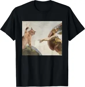 Cotton Gift Tee Funny Cat God Creation of Adam meme michelangelo jesus art T-Shirt casual cotton streetwear streetwear for all cotton jesus