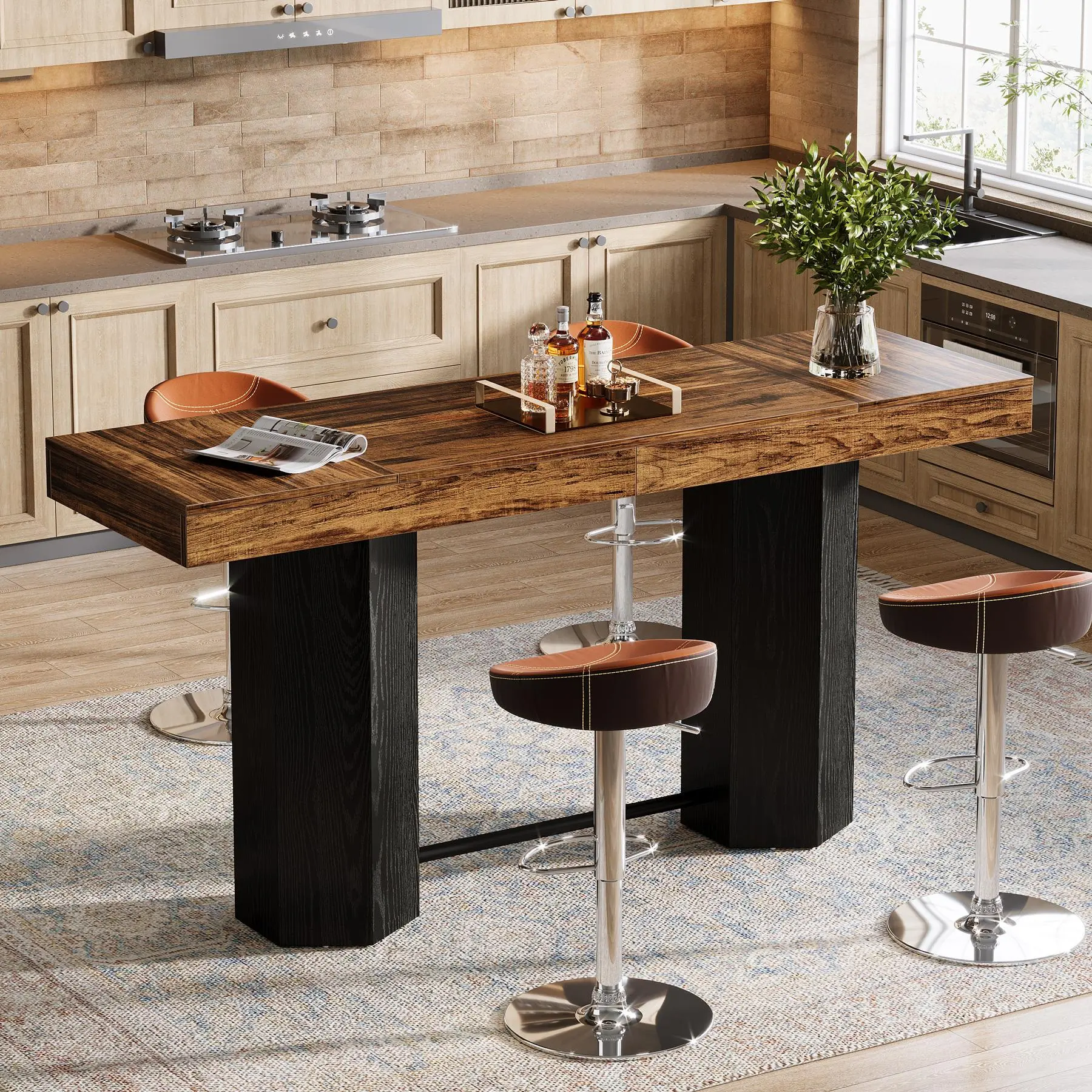 TRIBEWOOD 70.9" Long Bar Table, Industrial Counter Height Table, Rectangular Bar Height Tables with Metal Footrest for Kitchen Dining Room, Living Room, Pub
