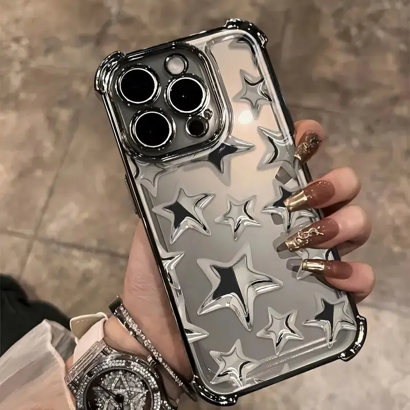 Applicable to Apple series.Silver Star Print Y2K Phone Case for Iphone 16 15 14 13 12 11 Pro Max X XR XSMAX 8 7 Plus Drop-Proof Transparent Soft Back