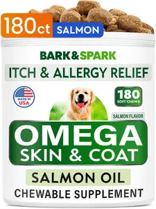 Bark & Spark Omega 3 for Dogs - 180 Fish Oil Treats - Salmon Flavor - Itch & Allergy Relief - Chewable Supplement - Made in USA