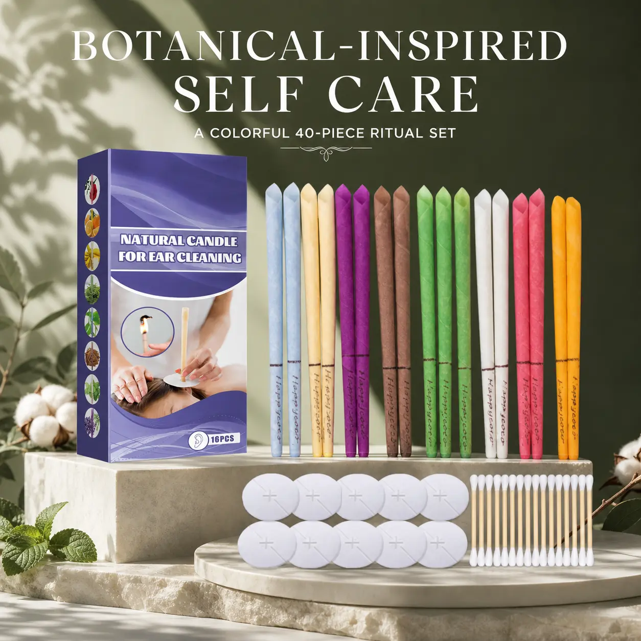 Jaysuing Colorful Peppermint Ear Candle Gift Set, Aromatherapy Self-Care Kit with 16 Candles, Protective Discs and Cotton Swabs