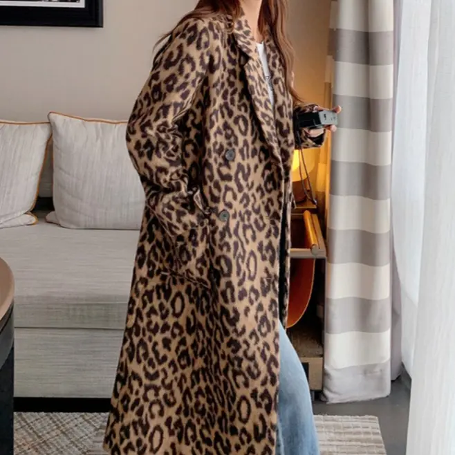 Women's Soft Leopard Print Long Wool Trench Coat - Notched Lapel, Double Breasted, Dressy Winter Warm Overcoat with Premium Fabric Style, Comfortable, Jackets,back to school,back to school shopping, Fashion, Outerwear