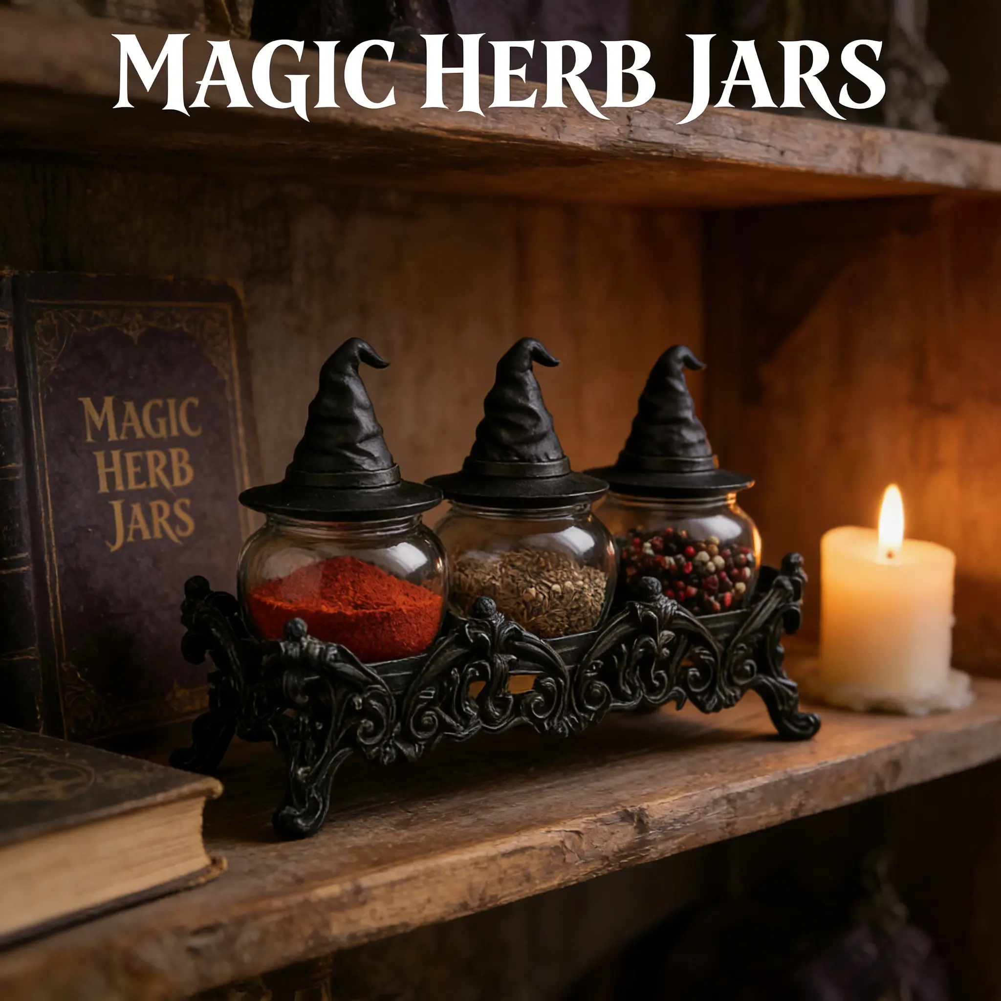 Witch Hat Spice Jar Set of 3, Gothic Glass Spice Jars with Display Stand, Apothecary Seasoning Containers for Salt, Pepper, Herbs, Spices & Sugar, Halloween Kitchen Decor, Witchy Home Organization, Gothic Home Decor & Unique Gift