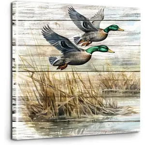 Framed Mallard Duck Wall Art 16x16 Inch Two Ducks Flying Over Marsh Canvas Print Rustic Wildlife Nature Scene Artwork for Living Room Office Home Decor