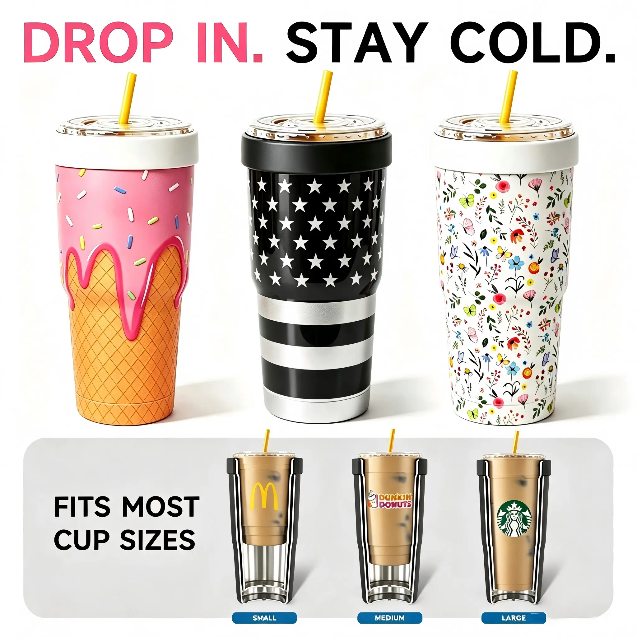 Universal Insulated Cup Holder Sleeve, Portable Vacuum Insulated Cup Cooler, Keeps Drinks Hot or Cold 12+ Hours, Fits Most Tumblers, Coffee Cups & Bottles