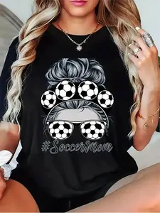 Women'S Soccer Mom Graphic T-Shirt -#SoccerMom Design with Soccer Balls & Hair - Casual Short Sleeve Round Neck Tee for Soccer Moms, Coaches & Fans - All-Season Fit in Black, Grey, White, Dark Red - Stylish Soccer Passion Apparel