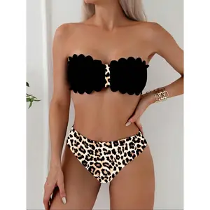 Women's Summer Beach Leopard Print Color Block Sexy Bandeau Bikini Set Leopard Print Bikini Strapless Bikini Two Piece Set