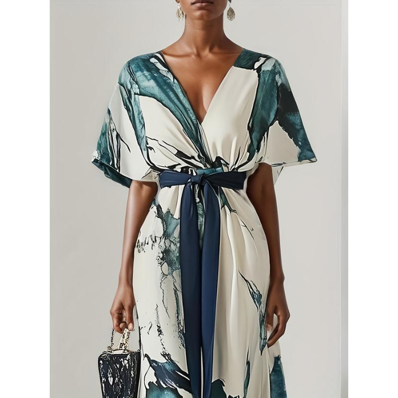 2026 Summer Watercolor Print Maxi Dress - V-neck Tie Waist, Batwing Sleeves And Pleated Details, Loose Bohemian Wedding Party Dress (blue/white/black/beige), Elegant Tassel Design For Wedding And Holiday Wear, A Must-have For Bohemian Lover Fit Womenswear