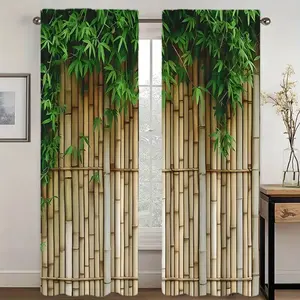 2 Piece Bamboo Leaf Print Curtains, Fashionable Rod Pocket Window Drapes for Bedroom and Living Room, Home Decoration Curtain, Home Textile, Comfortable Atmosphere, Easy Installation