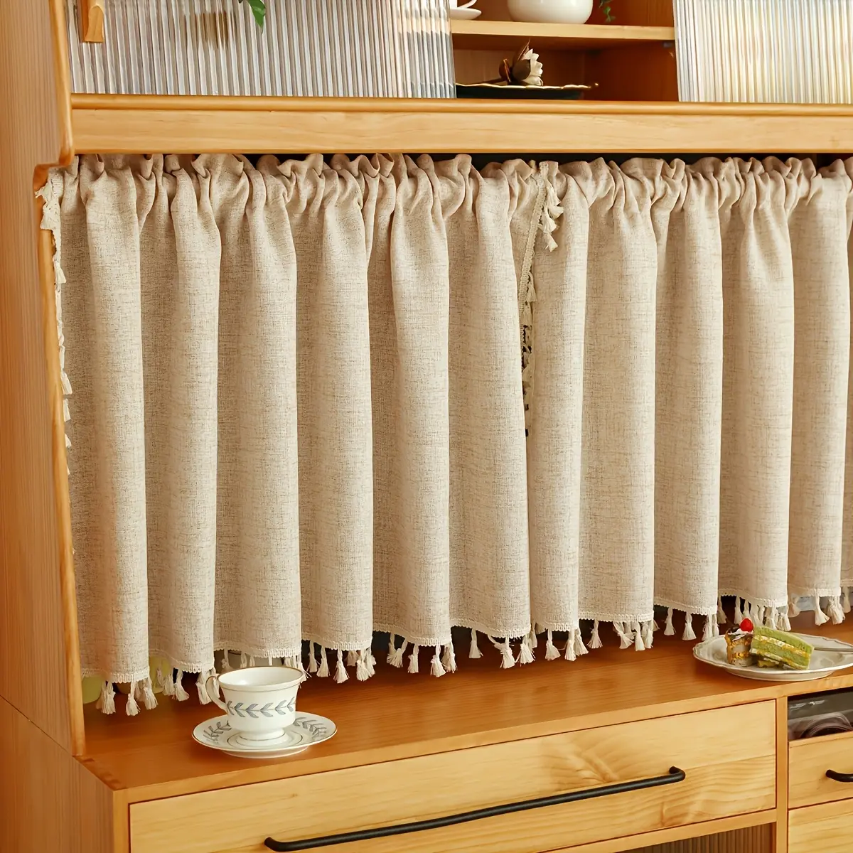 Vintage Style Kitchen Layered Curtain, Fringe Short Valance, Valance Curtains, Rod Pocket Light Blocking Panel for Bedroom Bay Window Cabinet Decor, Tassel Decor Curtain, Home Decoration Curtain, Home Decorative Curtain