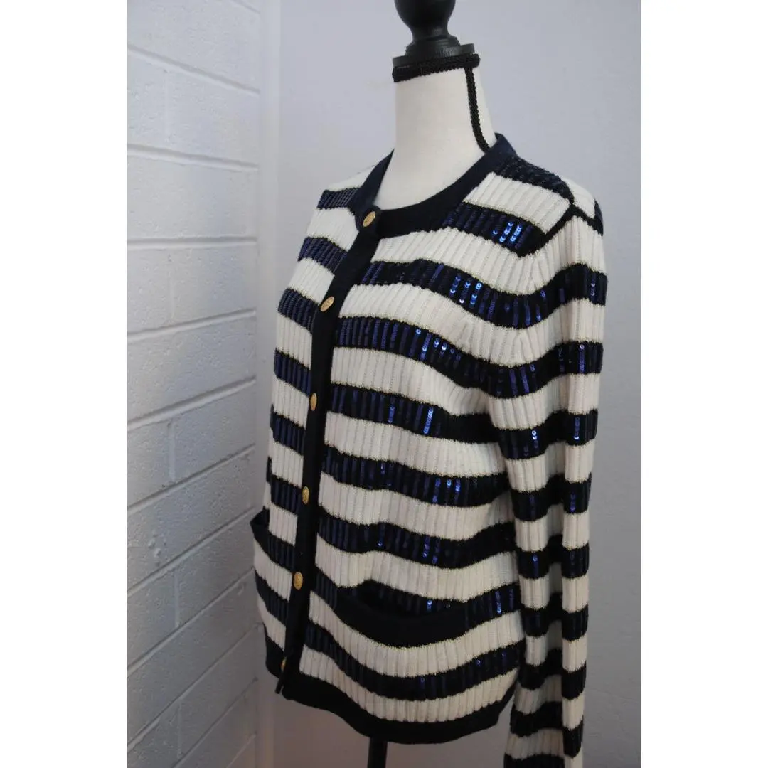 navy and white Vineyard Vines pinstripe cardigan, M