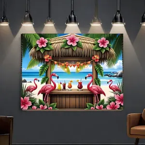 Tropical Beach Party Banner, Flamingo Palm Tree Design, Durable Polyester Fabric Decorations, Perfect for Birthdays Weddings Graduations Pool Parties