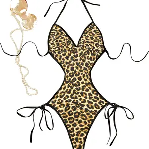 French leopard lace lingerie set with transparent mesh T-panties joint. Sensual shaping bra, polyester fiber material, ladies' couple style