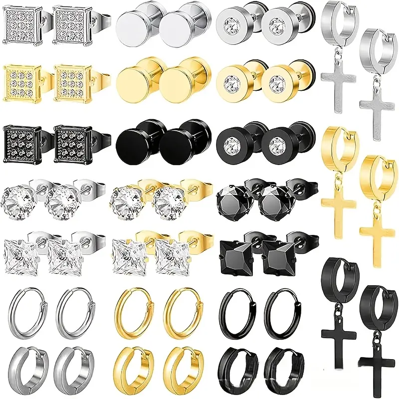 Men's 24-Pair Synthetic Earrings Set - Studs & Hoops, Earrings Dangling Cross, Party Wear Costume Jewelry for Daily Use & Birthday Daily Gifting