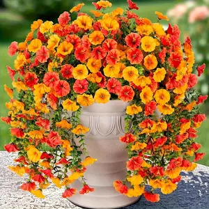4pcs Orange and Yellow Artificial Autumn Hanging Flower Bouquet with Realistic Eucalyptus Branches and Morning Glory, UV-Resistant Fade-Free Plastic Flowers for Outdoor Fall/Winter Garden, Porch, Window, Vibrant Decorative Indoor/Outdoor Arrangement
