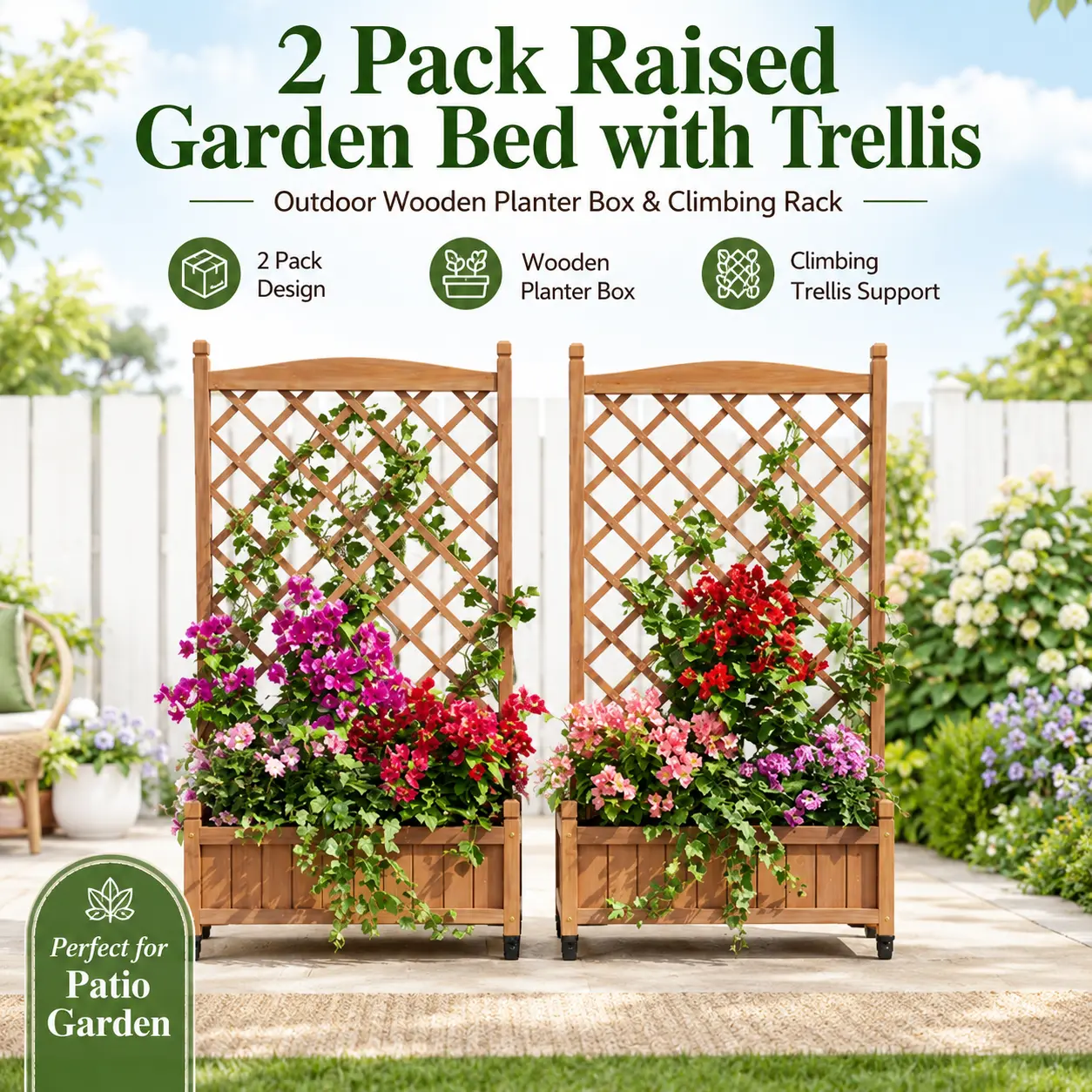 2-Pieces Solid Fir Planter Beds with Rustic Look, Trellis Rack & Freestanding Stand for Climbing Plants, Vegetables, Outdoor Patio Balcony Decor, Vertical Growth Gardening Container