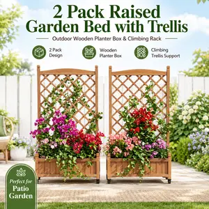 2 Pack Wooden Raised Garden Bed with Trellis Planter Box for Climbing Plants Flowers Outdoor Patio Balcony Plant Stand Vertical Gardening Vegetables Tomatoes Vine Support Grow Container Freestanding Yard Decor