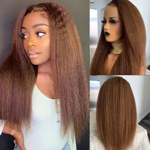 13x6 Chocolate Brown Kinky Straight Human Hair Wig 200% Density HD Transparent Lace Front Black Wigs Pre Plucked with Baby Hair Yaki Straight Virgin Human Hair Frontal Wigs