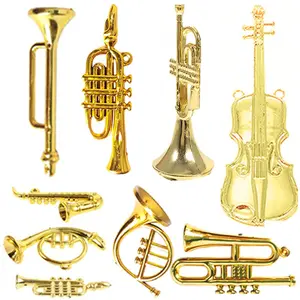 9/18pcs Mini Golden Musical Instrument Ornaments - 2-7cm Miniature Guitar, Violin, Horn & Saxophone Set for Dollhouse Decor, Desktop Display & Creative Mini Crafts