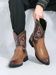 Men's Mid-Calf Zipper Embroidered Western Cowboy Boots, Pointed Toe Patchwork Breathable Colorblock Trendy Knight Boots