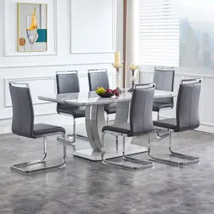 MUUOKY Modern 7-Piece Glass Dining Table Set of 4/6 with Faux Marble Top & Dark Gray PU Leather Chairs Rectangle Table for Dining Room Classic & Elegant Design black glass coffee table