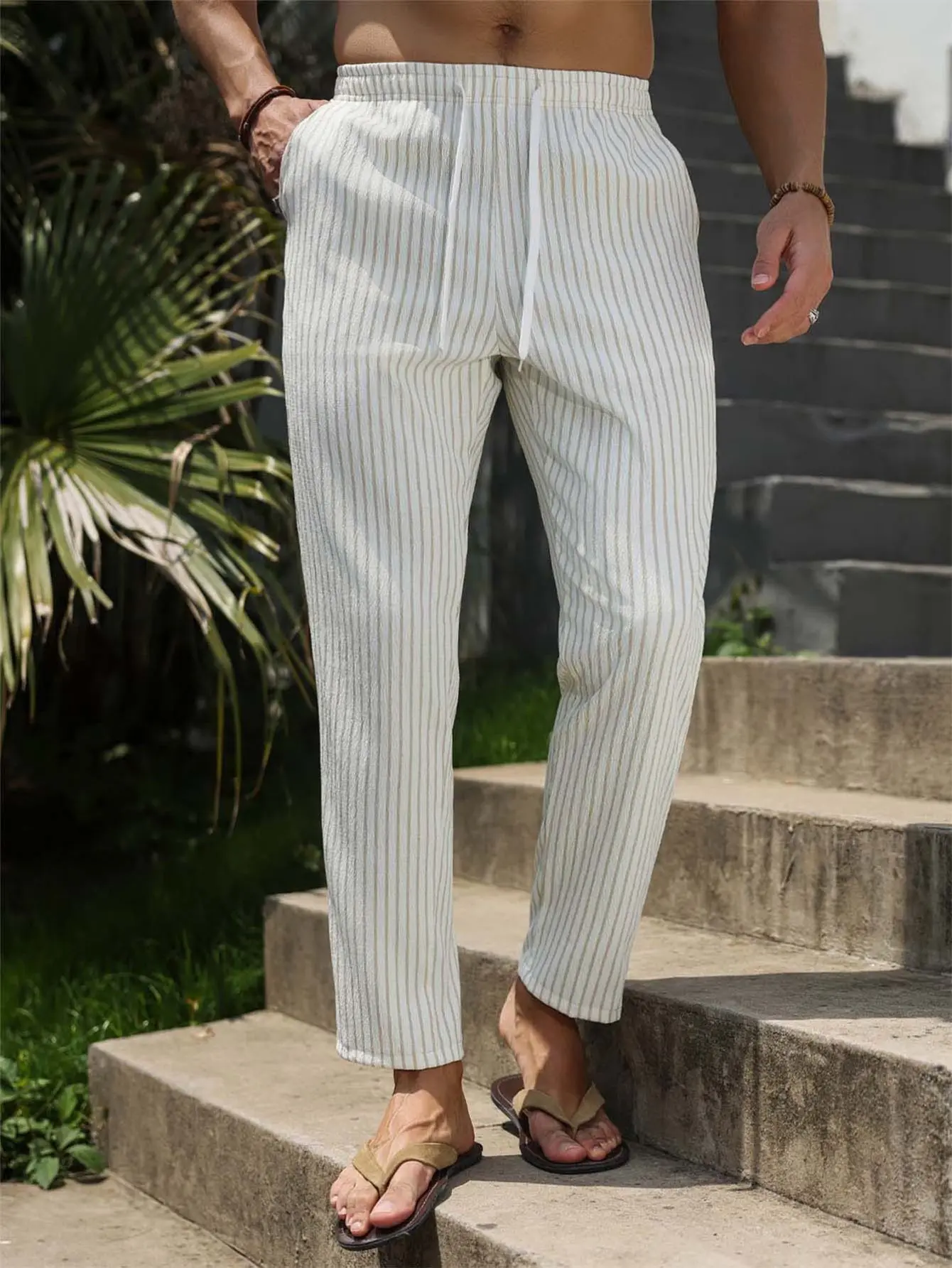 Men's Chic Printed Pants, Lightweight Vertical Stripe Drawstring Capris with Straight-Leg Fit, Summer Comfortwear, Mens Clothing, Drawstring Capris Men's Pants, Chic Printed Men's Pants, Comfortwear Men's Pants