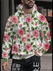 Men's Hooded Sweatshirt with Elegant Retro Floral Print, Long Sleeve Casual Pullover, Soft Pastel Plant Design, Regular Fit, Spring Fall Wear