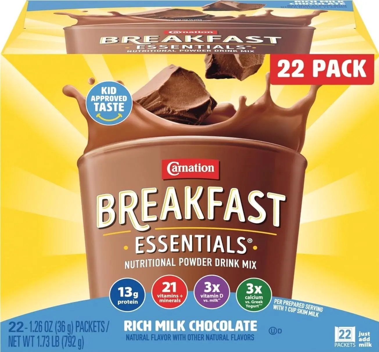 Carnation Breakfast Essentials Powder Drink Mix, Rich Milk Chocolate, 22 Count Box of 1.26 Ounce Packets
